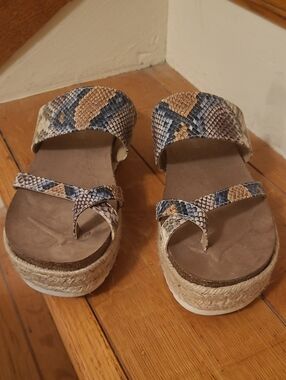 Madden Girl Snake-Print Platform Slide Sandals in Tan and Blue